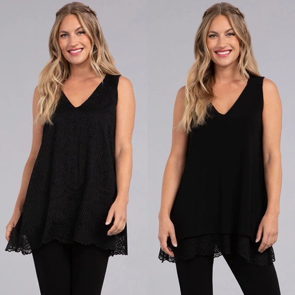 Sympli Black Mix Lace Reversible Tank Solid Jersey Sleeveless V-Neck Top NWT 8 - Picture 1 of 12